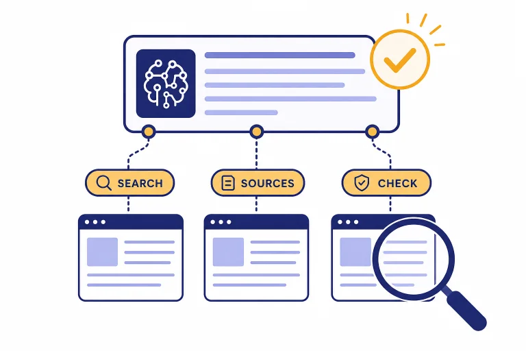AI answer panel connected to three web page cards labeled SEARCH, SOURCES, and CHECK.