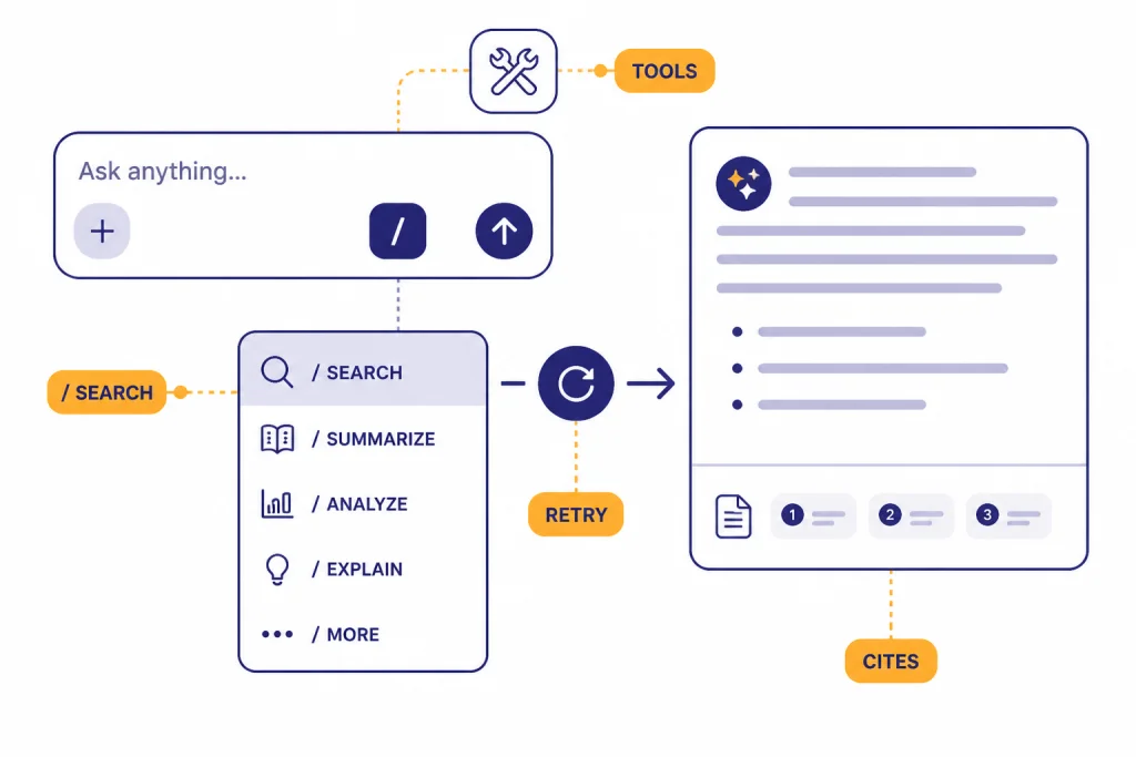Manual Search Controls Composer flow with tools button, slash search menu, retry arrow, and cited response labeled TOOLS, / SEARCH, RETRY, and CITES.