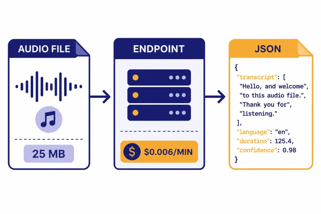 Whisper API Request API diagram with labels AUDIO FILE, ENDPOINT, JSON, 25 MB, and $0.006/MIN.
