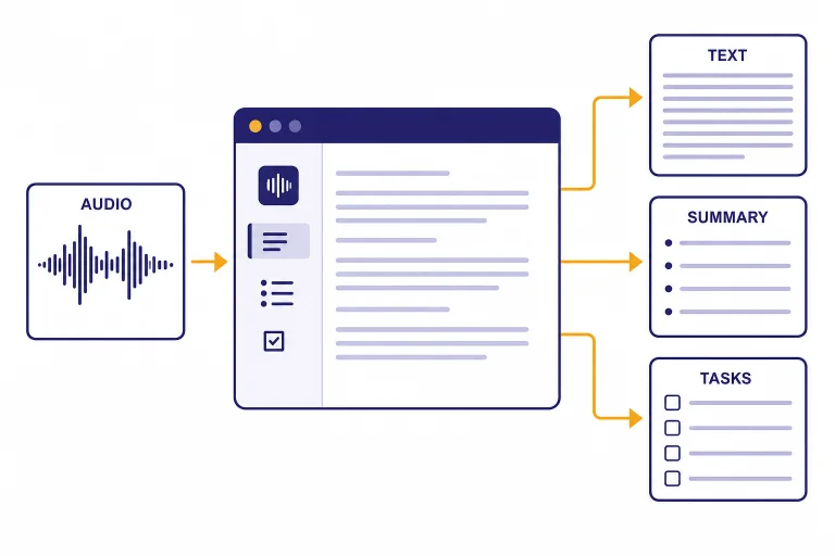 Audio waveform entering panels labeled AUDIO, TEXT, SUMMARY, and TASKS in a transcription workspace.
