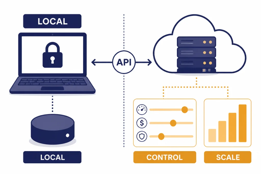 Local Versus API Split comparison with LOCAL laptop and lock versus API cloud server, labeled CONTROL and SCALE.