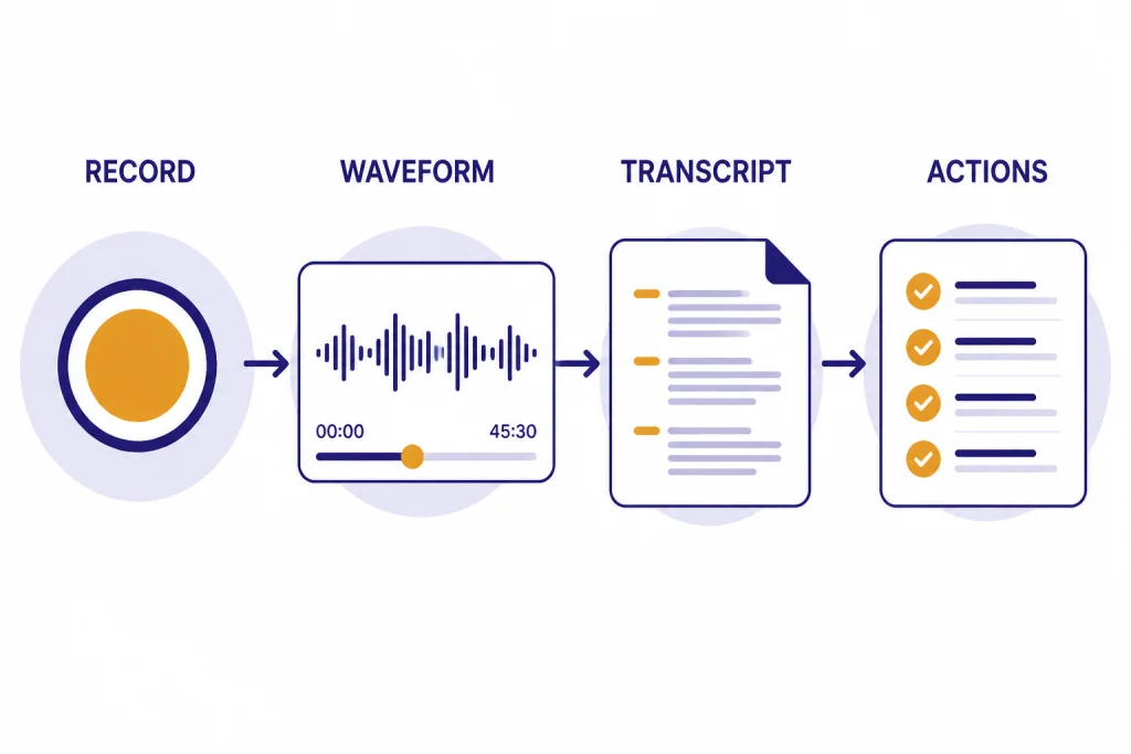 Four-step flow labeled RECORD, WAVEFORM, TRANSCRIPT, and ACTIONS for ChatGPT Record.