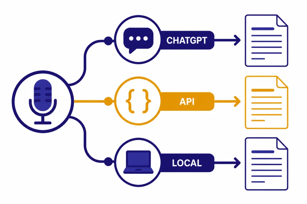Three Transcription Paths Microphone branching to transcript documents through paths labeled CHATGPT, API, and LOCAL.