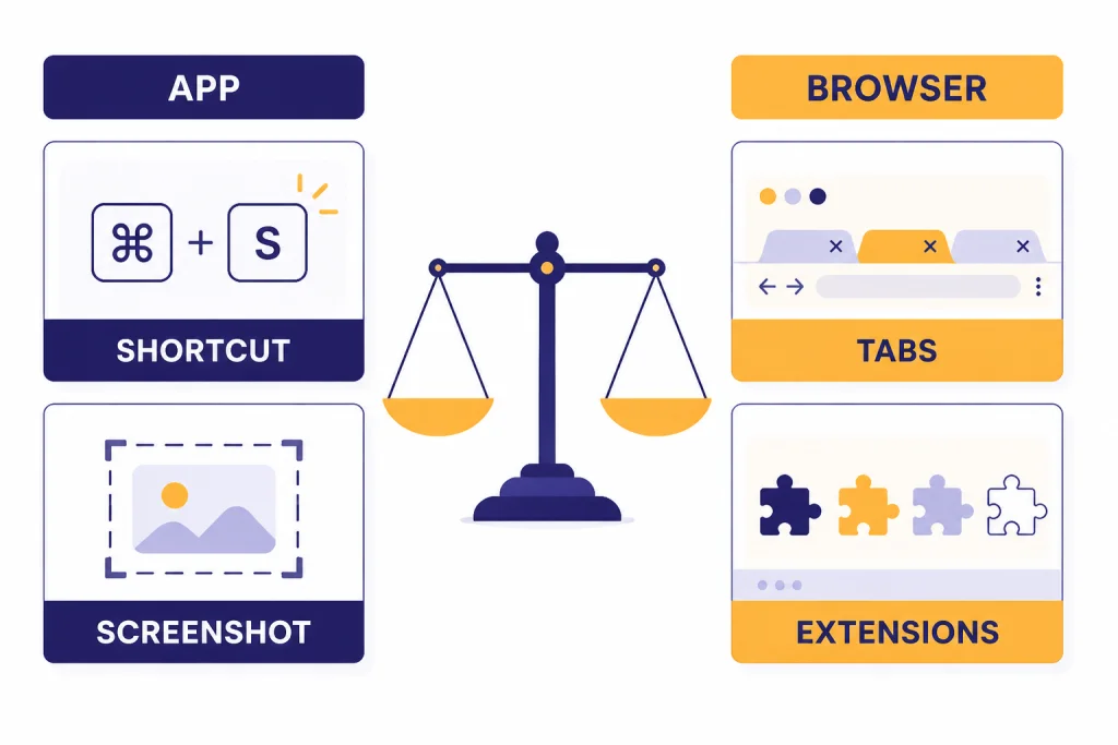 Comparison table with APP and BROWSER columns labeled SHORTCUT, TABS, SCREENSHOT, and EXTENSIONS.