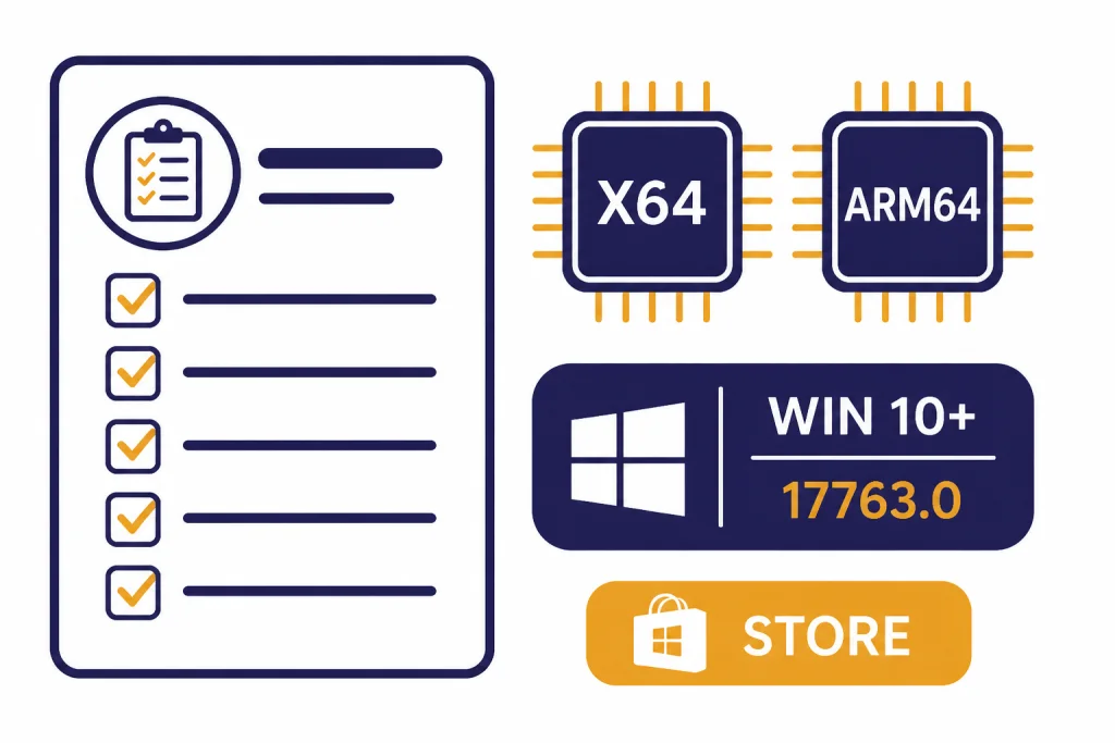 Windows App Requirements Requirements card labeled WIN 10+, 17763.0, X64, ARM64, and STORE beside two chip icons.