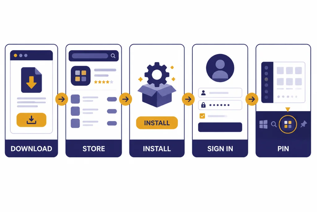 Windows App Setup Flow Five-step setup flow labeled DOWNLOAD, STORE, INSTALL, SIGN IN, and PIN.