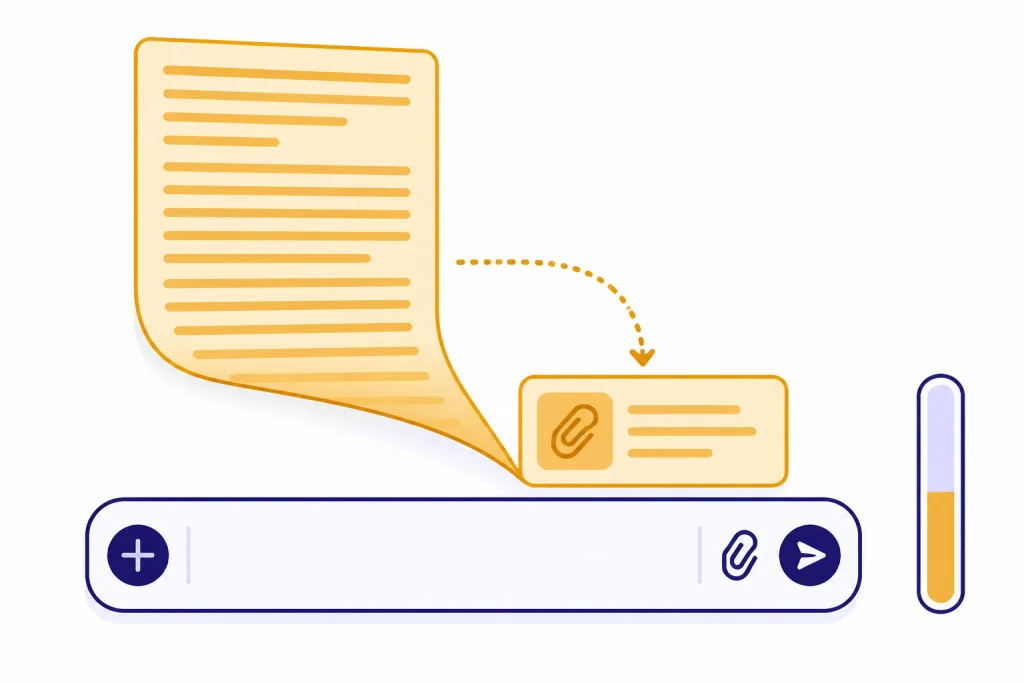 Oversized pasted block folding into an attachment card beside a partly filled context meter.