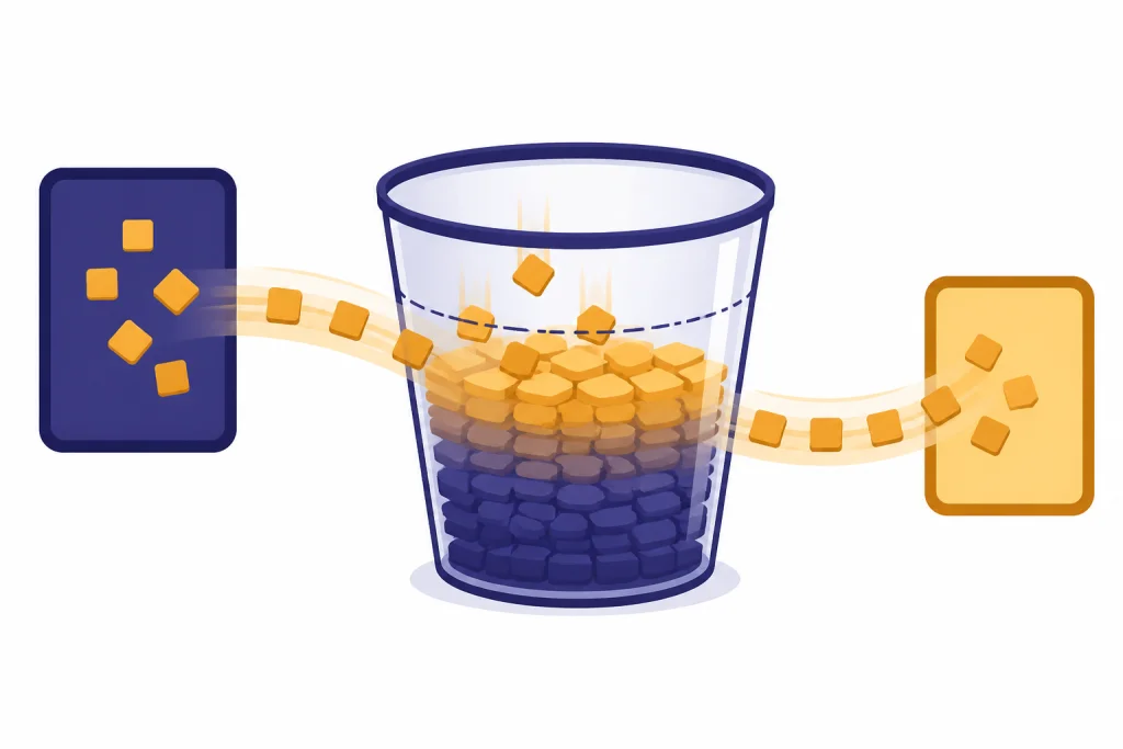 Shared Token Bucket Token bucket with prompt tiles, history tiles, and answer tiles sharing one space.