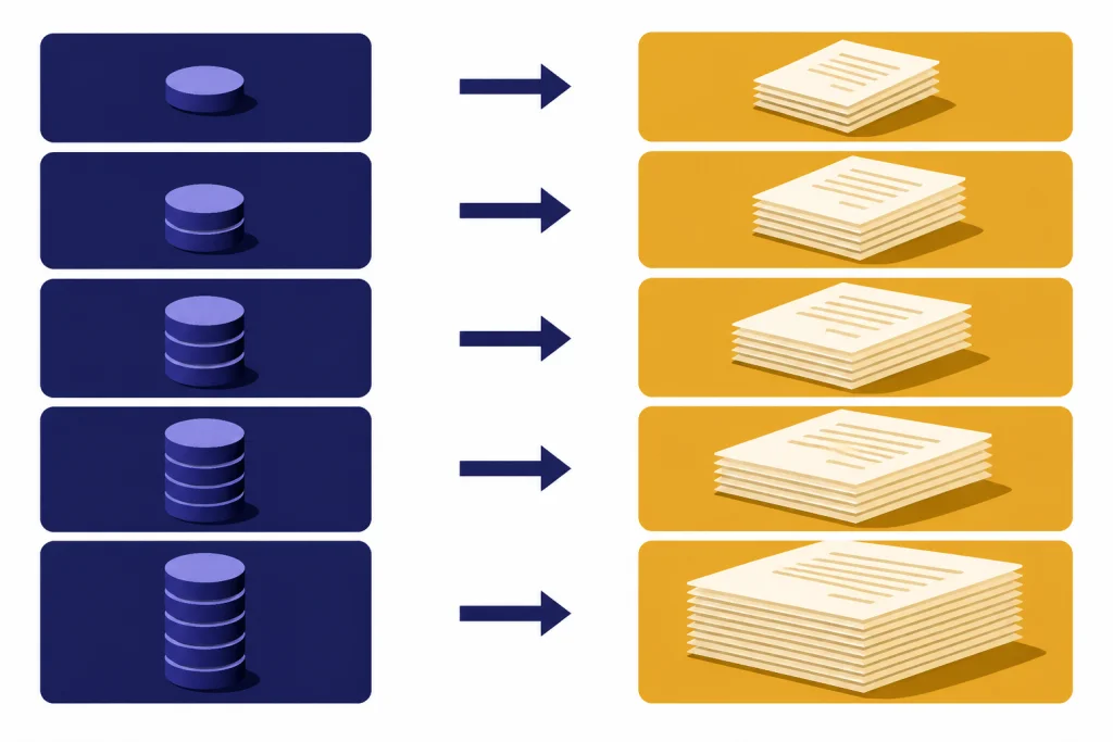 Five-row conversion table with token stacks changing into larger word-page stacks.
