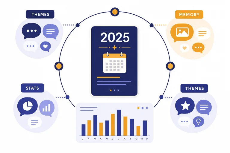 Yearly recap card labeled 2025 with theme bubbles, stats bars, and memory node clusters around it.