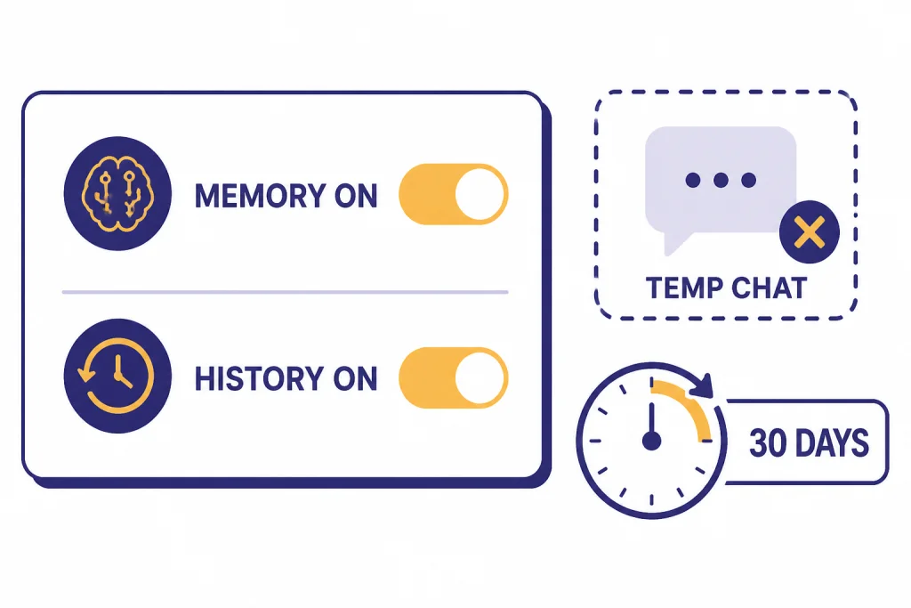Privacy panel with MEMORY ON and HISTORY ON toggles, TEMP CHAT excluded, and 30 DAYS timer.