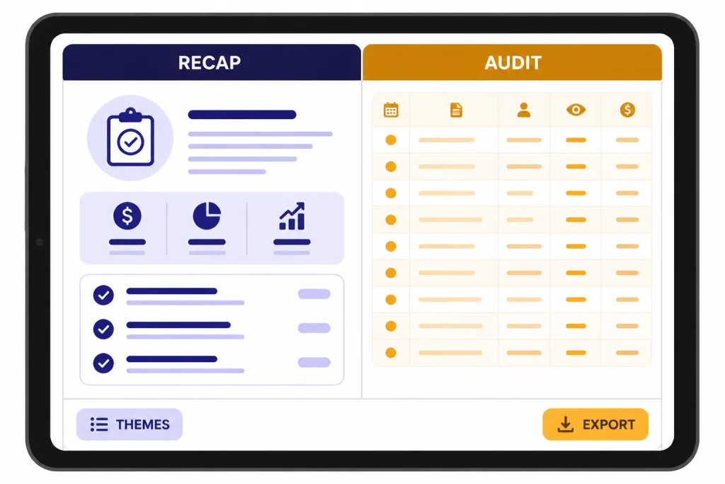 Recap Versus Audit Tablet table compares RECAP and AUDIT columns with THEMES and EXPORT labels.