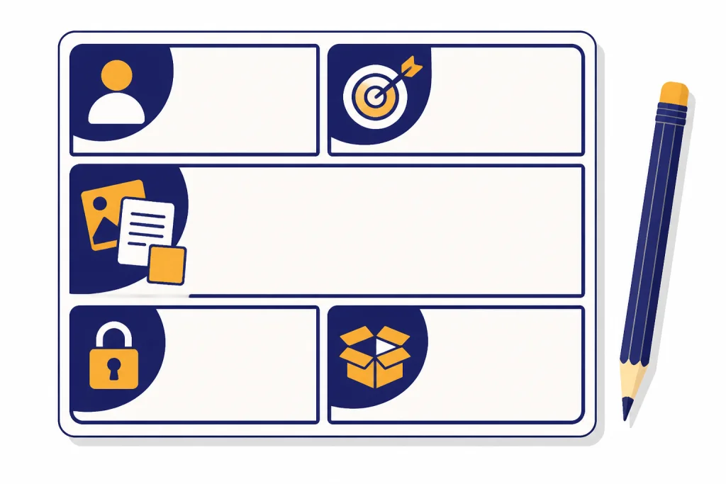 Creative brief card with compartments for reader, goal, source material, constraints, and output.