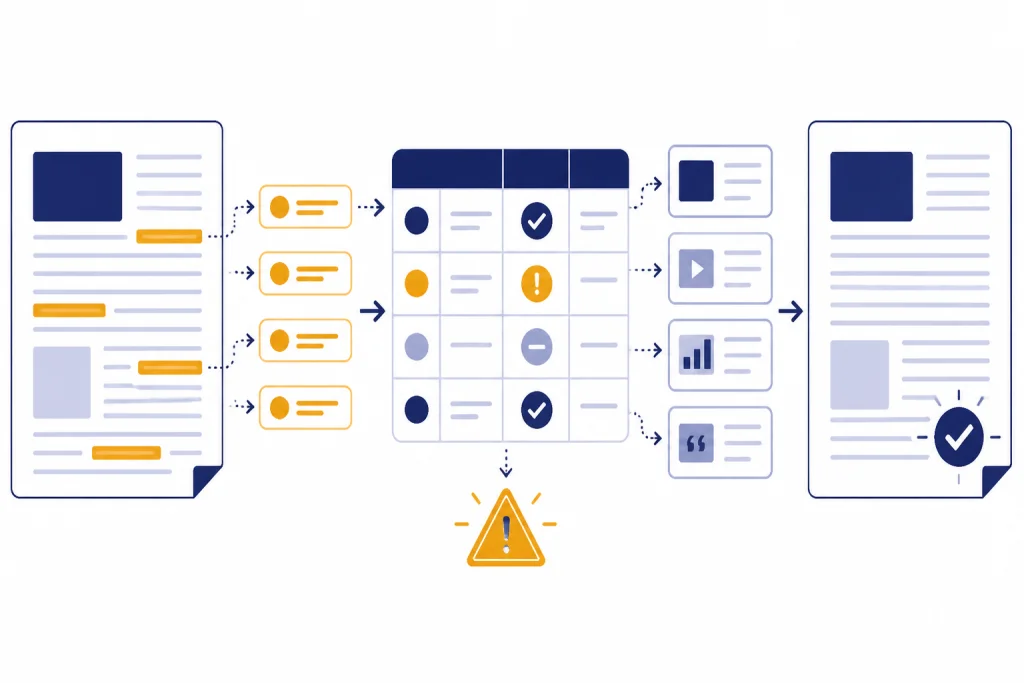 Fact-checking workflow from draft page to claim chips, review table, source cards, and approved page.