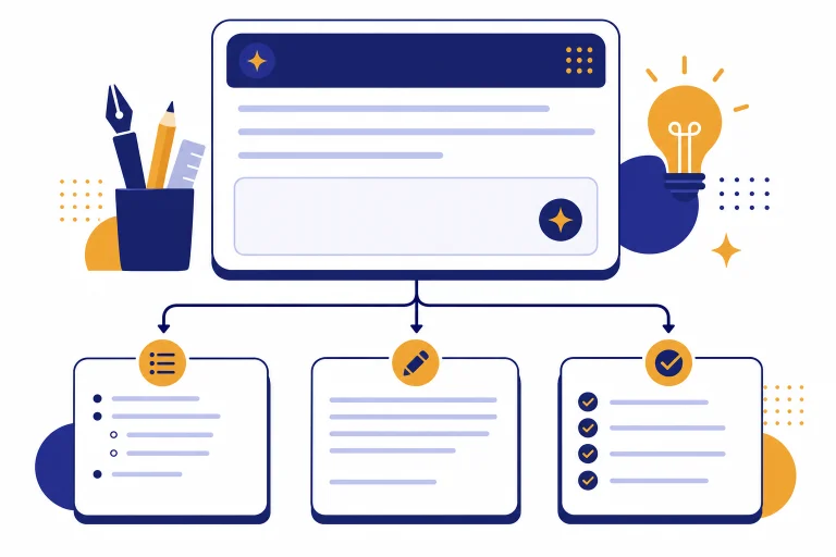 Central prompt card connected to outline, draft, and edit checklist cards in a blog workflow.