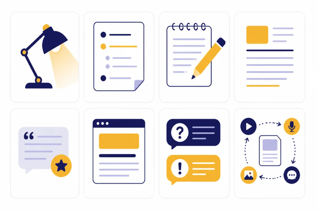 Grid of blog task cards with icons for angle, outline, draft, intro, examples, headline, FAQ, and repurposing.