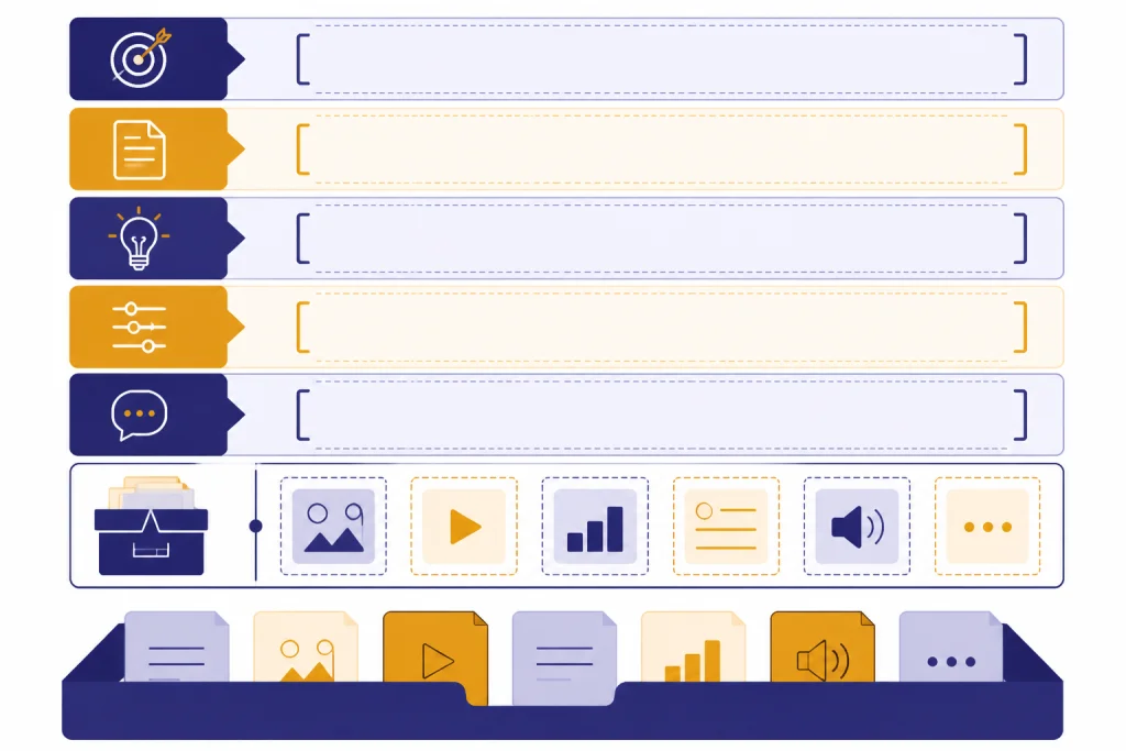 Reusable Prompt Template Stacked prompt template blocks with dividers, placeholders, source box, and output tray.
