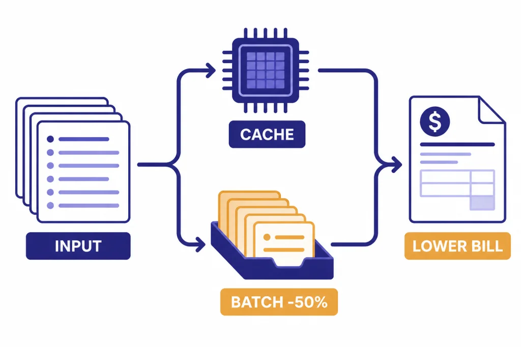 Caching And Batch Savings Cost-saving flow with INPUT and OUTPUT passing through CACHE and BATCH -50% to LOWER BILL.