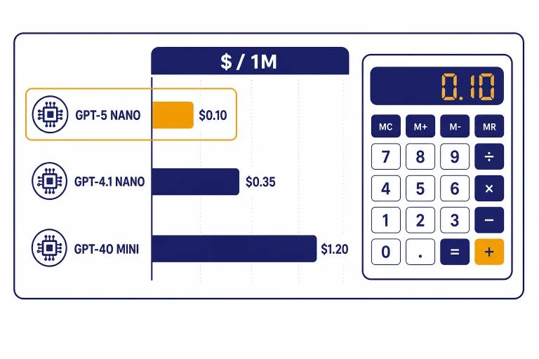 Pricing dashboard with bars labeled GPT-5 NANO, GPT-4.1 NANO, GPT-4O MINI, and $ / 1M.