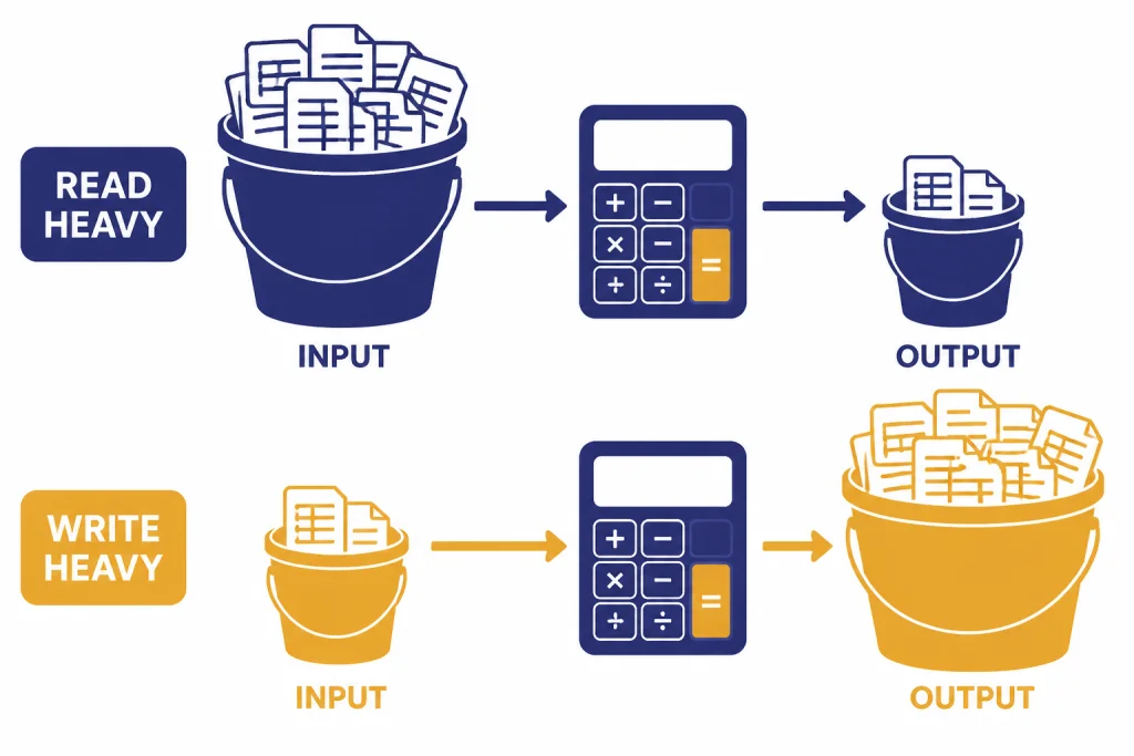 Input Output Workload Mix Workload calculator with READ HEAVY and WRITE HEAVY flows from INPUT buckets to OUTPUT buckets.