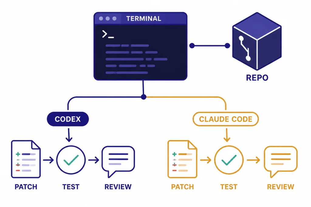 Coding Agent Workflow Coding workflow with TERMINAL and REPO branching to CODEX and CLAUDE CODE paths with tests and review bubbles.