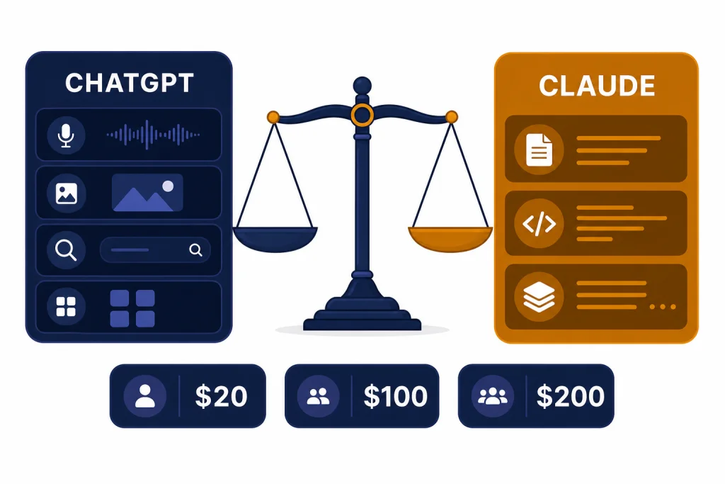 ChatGPT Claude Subscription Choice Decision dashboard with cards labeled CHATGPT and CLAUDE plus price chips $20, $100, and $200.