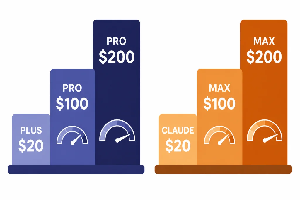 Paid Plan Pricing Ladders Two pricing ladders labeled PLUS $20, PRO $100, PRO $200, CLAUDE $20, MAX $100, and MAX $200.