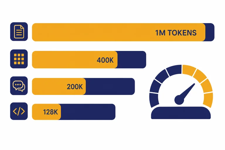 Dashboard with bars labeled 1M TOKENS, 400K, 200K, and 128K plus an output gauge.