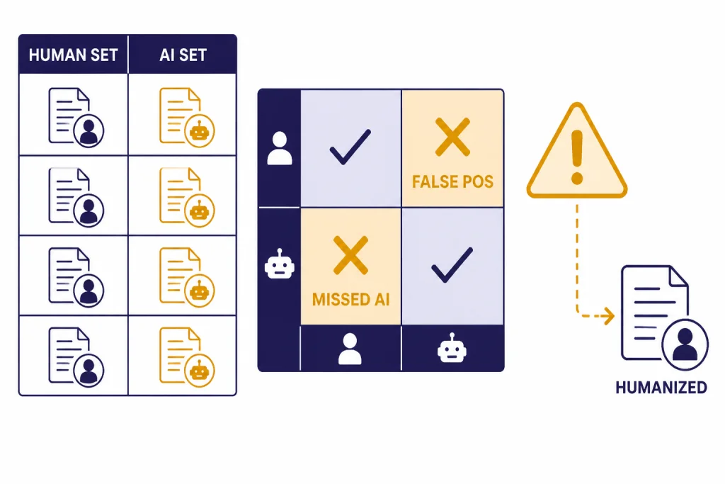 Benchmark grid labeled HUMAN SET, AI SET, FALSE POS, MISSED AI, and HUMANIZED.
