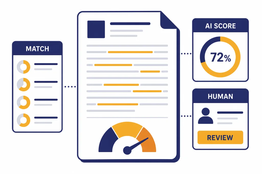 AI Detector Report Overview Document report card with highlighted bands and panels labeled AI SCORE, HUMAN, MATCH, and REVIEW.