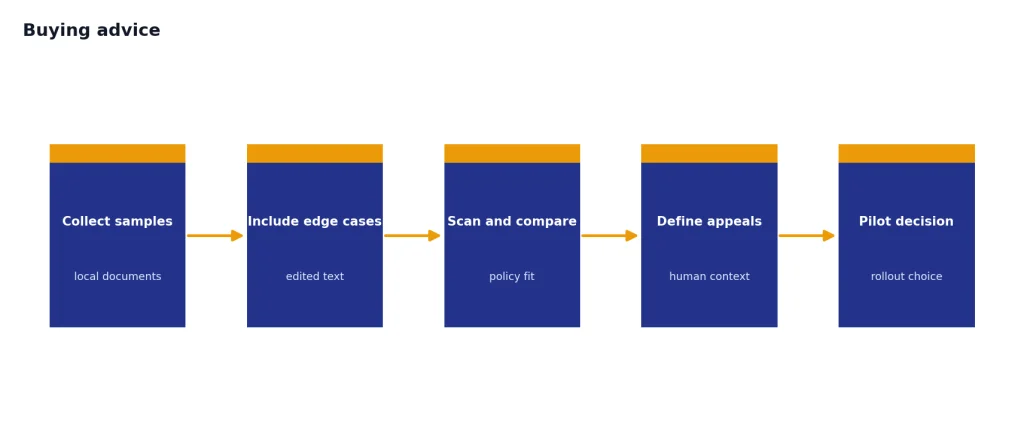 Process with five stages: Collect samples, Include edge cases, Scan and compare, Define appeals, Pilot decision.