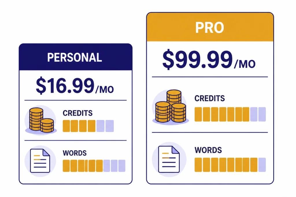 Two pricing cards labeled PERSONAL, $16.99/MO, PRO, $99.99/MO, CREDITS, and WORDS.