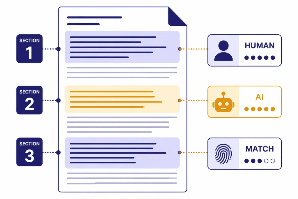 Segmented document report with highlighted zones labeled HUMAN, AI, MATCH, and SECTION.