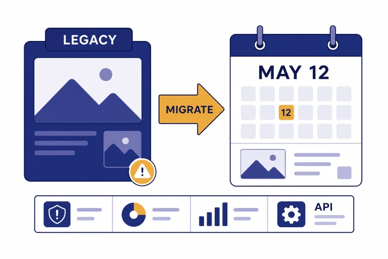 Decision dashboard labeled LEGACY, MIGRATE, MAY 12, and API with a migration arrow.