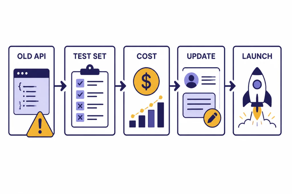 Five-step flow labeled OLD API, TEST SET, COST, UPDATE, and LAUNCH with a warning triangle.