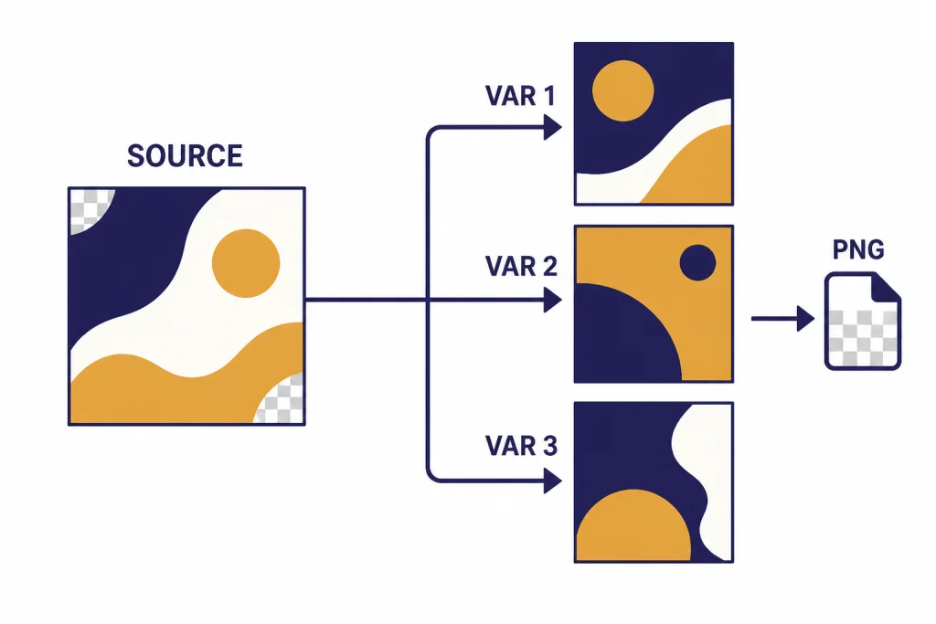 Square SOURCE tile branching to VAR 1, VAR 2, and VAR 3 tiles, with PNG label.