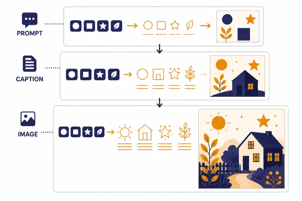 Three model cards with labels PROMPT, CAPTION, and IMAGE showing a richer final output card.