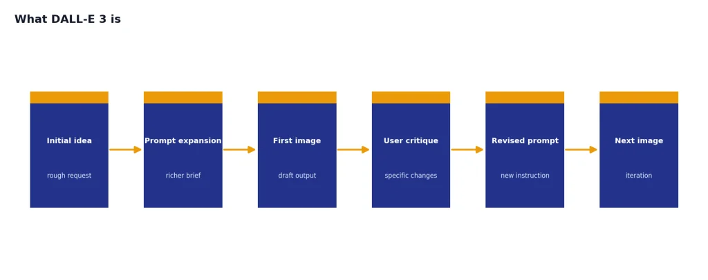 Process with 6 stages: Initial idea, Prompt expansion, First image, User critique, Revised prompt, Next image.