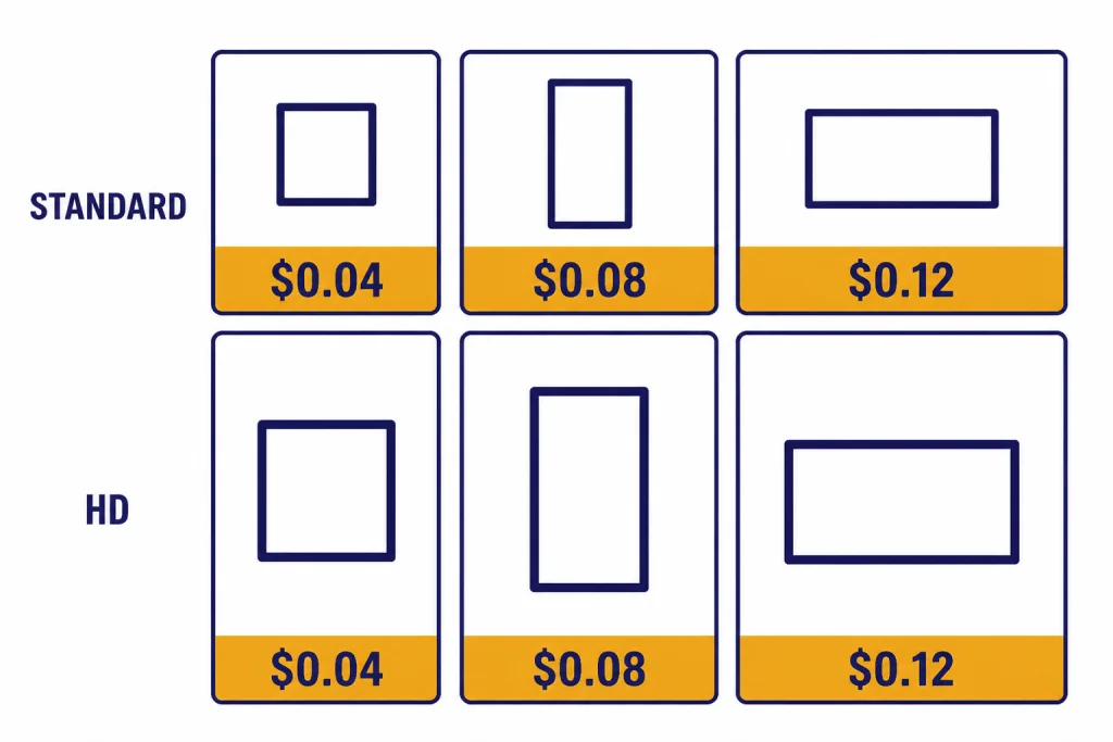 DALL-E 3 Pricing Matrix Six-tile pricing matrix labeled STANDARD, HD, $0.04, $0.08, and $0.12.