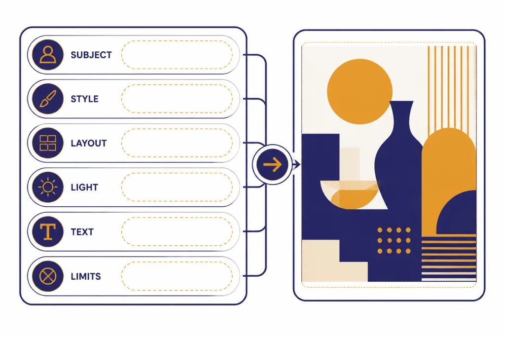Prompt template card with slots labeled SUBJECT, STYLE, LAYOUT, LIGHT, TEXT, and LIMITS.