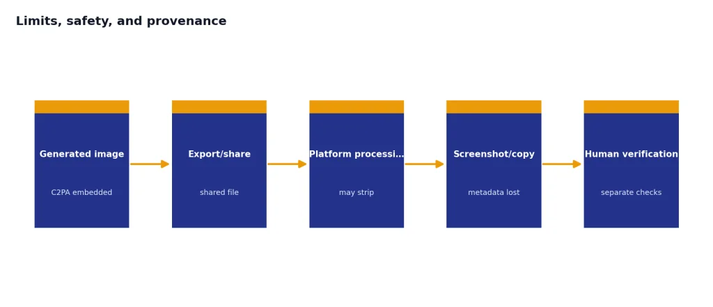 Process with 5 stages: Generated image, Export/share, Platform processing, Screenshot/copy, Human verification.