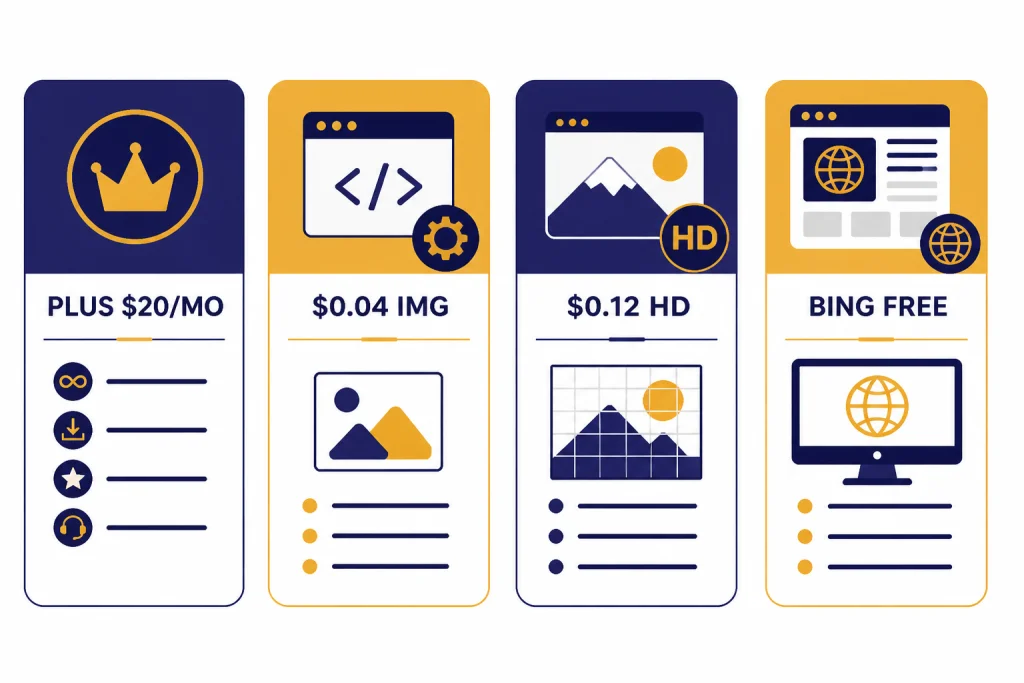 Four access cards labeled PLUS $20/MO, $0.04 IMG, $0.12 HD, and BING FREE.