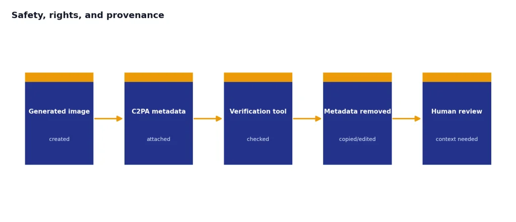 Process with stages Generated image, C2PA metadata, Verification tool, Metadata removed, and Human review.
