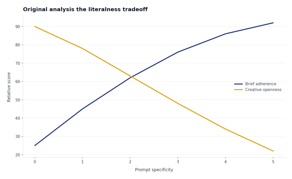 Line chart: as prompt specificity rises 0 to 5, Brief adherence rises and Creative openness declines.