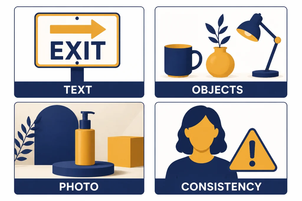 Image Quality Test Grid Four-cell quality grid labeled TEXT, OBJECTS, PHOTO, and CONSISTENCY with test icons.
