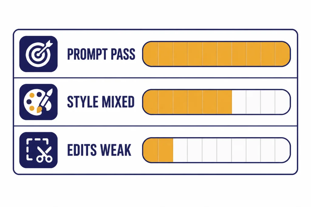 Verdict scorecard with meters labeled PROMPT PASS, STYLE MIXED, and EDITS WEAK.