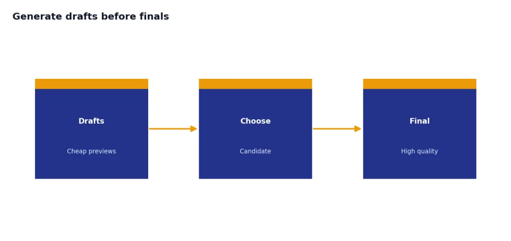 Process with 3 stages: Drafts, Choose, Final; subtitles Cheap previews, Candidate, High quality.