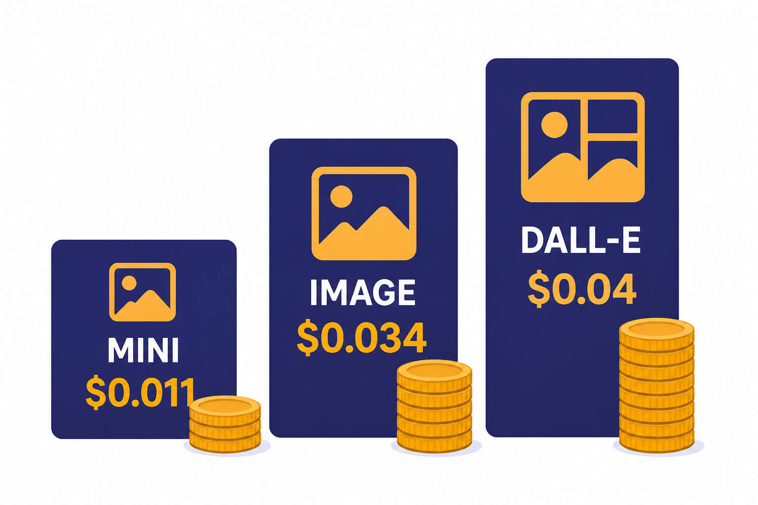 Image Price Comparison Three pricing cards labeled MINI $0.011, IMAGE $0.034, and DALL-E $0.04 with coin stacks.