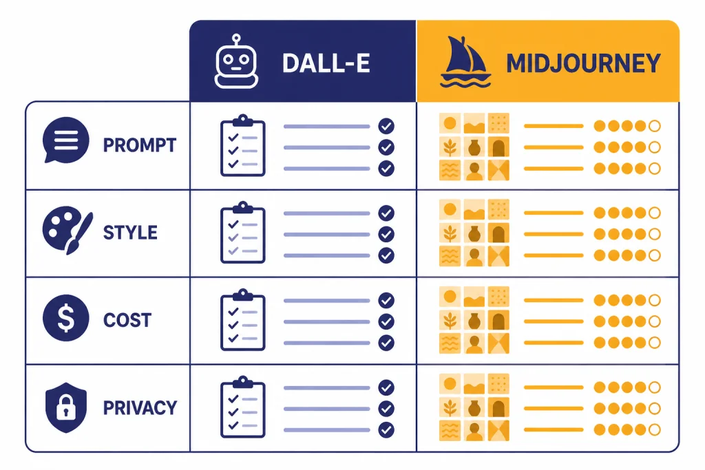 Image Tool Decision Matrix Decision matrix labeled DALL-E, MIDJOURNEY, PROMPT, STYLE, COST, and PRIVACY.