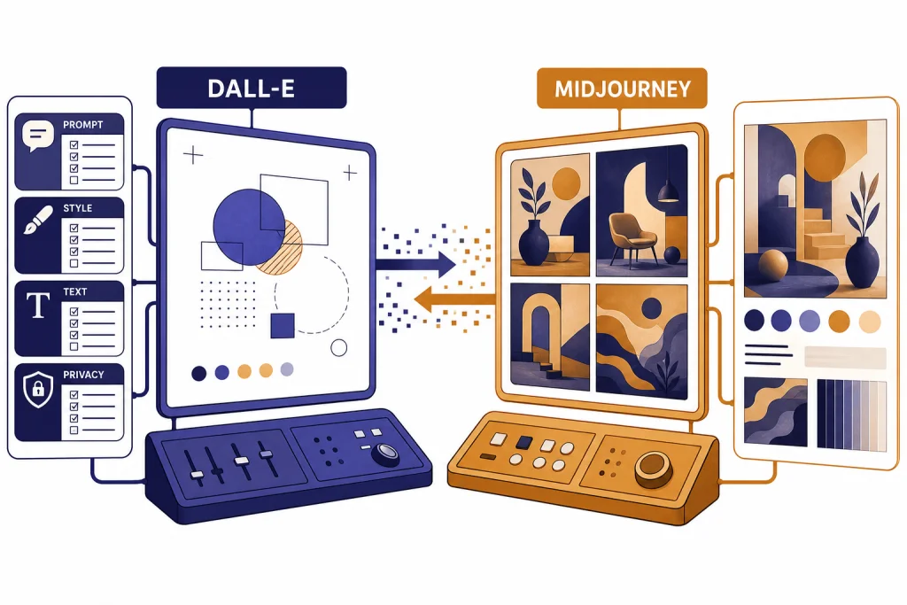 DALL-E Midjourney Comparison Two workstations labeled DALL-E and MIDJOURNEY with tags PROMPT, STYLE, TEXT, and PRIVACY.